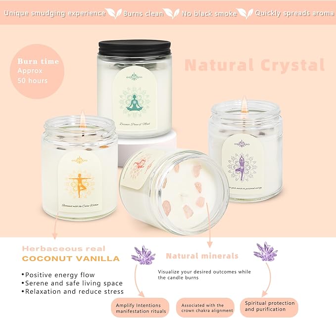 4 Pack Candles for Home Scented, Scented Candle Set with Crystals Stones, Aromatherapy Candles Birthday Gifts Set for Women, 24 Oz 200 Hour Long Lasting Soy Candles Gifts for Mothers Days - Bloomnest