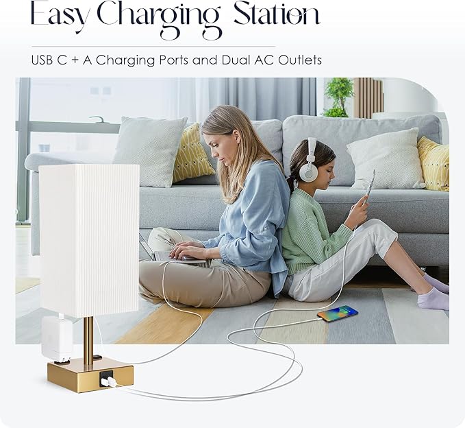 Bedside Lamp with USB Ports - Touch Control Table Lamp for Bedroom with USB C+A Ports & AC Outlets, 3 Way Dimmable Nightstand Light with Pleated Shade for Living Room(Bulb Included) - Bloomnest
