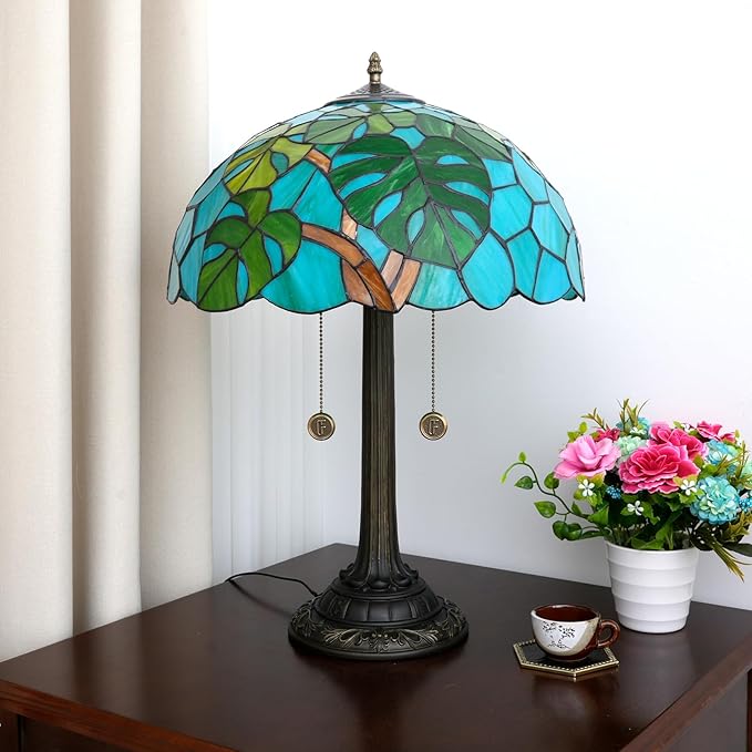 Tiffany Table Lamp Monstera Deliciosa Stained Glass Lamp Antique 16 inch Monstera Swiss Cheese Plant Handmade Large Desk Light for Home Living Room Bedroom Office - Bloomnest