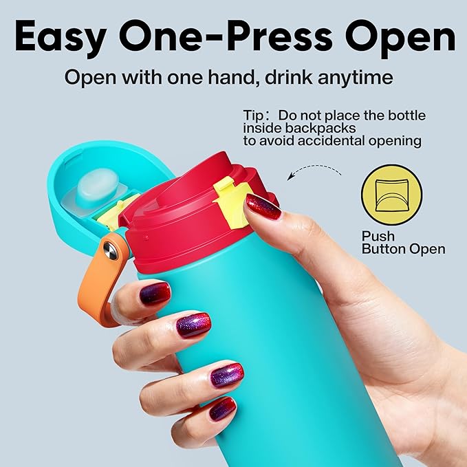 Insulated Water Bottle with Straw - Encool Stainless Steel Water Bottle with Push Button Lid, Leak-Proof & BPA-Free, Keeps Cold for 24 Hours for Sports, Travel, Gym (24 oz, Cerulean Blue) ENCOOL