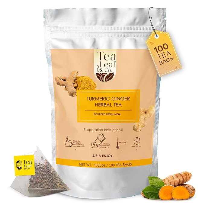 Tealeaf & Co. Turmeric Ginger Herbal Tea - Organic Ginger Turmeric Tea Bags with Fresh Herbs and Spices - Low Caffeine & Gluten Free - 100 Teabags (7.055oz/200gm) - Bloomnest