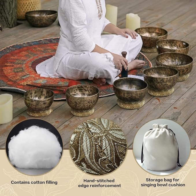 7 Pcs Singing Bowl Cushion Set for 6-12" Tibetan Singing Bowls, Handmade Silk Brocade Round Cushion Pillow for Meditation Sound Healing and Crystal Sound Bowls Accessories(Brown) - Bloomnest