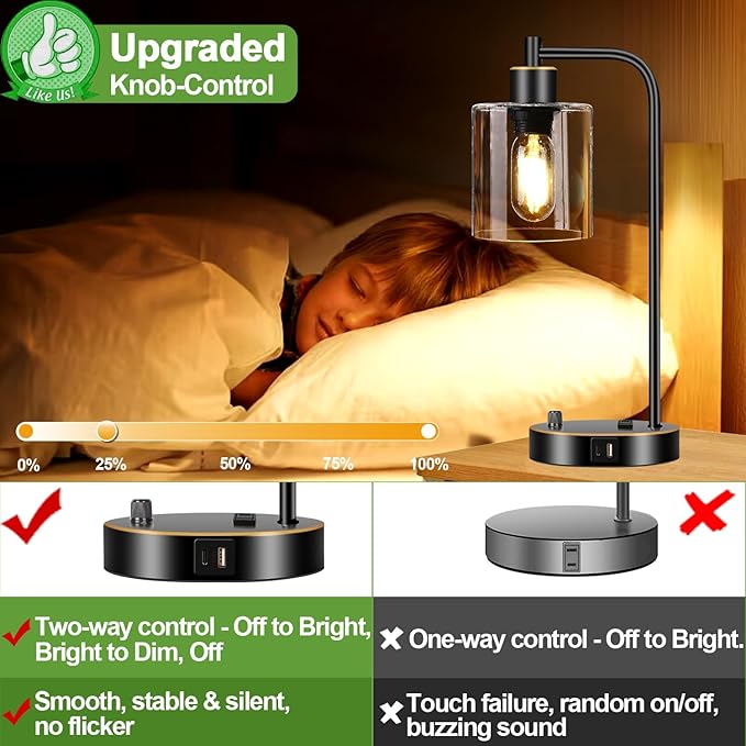 Set of 2 Black and Gold Industrial Table Lamps with USB Port, Fully Stepless Dimmable Bedside Lamps for bedrooms, Nightstand Desk Lamps with Clear Glass Shade for Reading Office 2 LED Bulb Included - Bloomnest