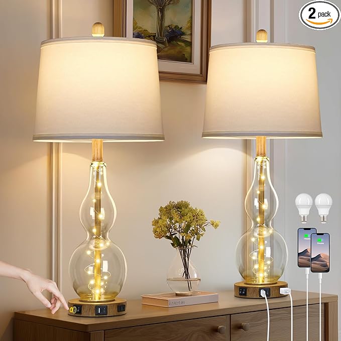 27.5" Clear Glass Table Lamp Set of 2 with Night Light,Bedside Lamps with USB Ports and AC Outlet, Modern Nightstand Lamps Retro Farmhouse lamp for Bedroom Living Room - Bloomnest