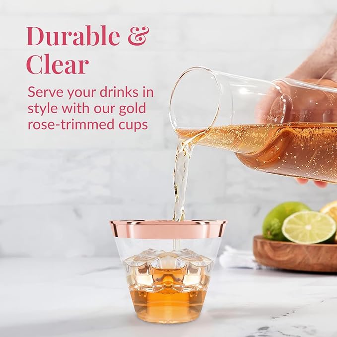 Prestee 100 Rose Gold Plastic Cups - Rose Gold Plastic Cups 9 oz - Party Decorations - Disposable Wine Cup - Clear Cup - Bulk Party Wine Glasses - Bloomnest