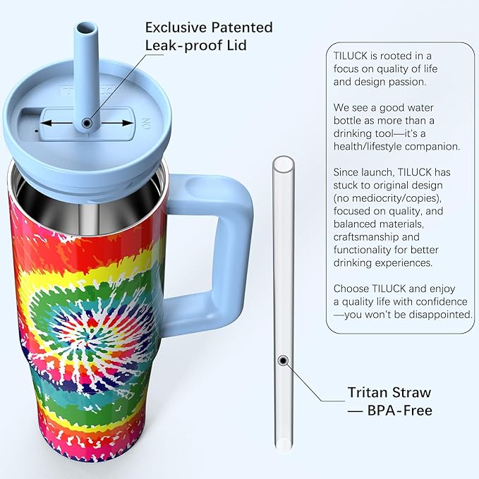 TILUCK 30 oz Tumbler with Handle, Vacuum Insulated Stainless Steel Travel Mug with 100% Leak-Proof Silicone Straw Lid, Cupholder Friendly Water Bottle(RotatingRainbow, 30oz) - Bloomnest