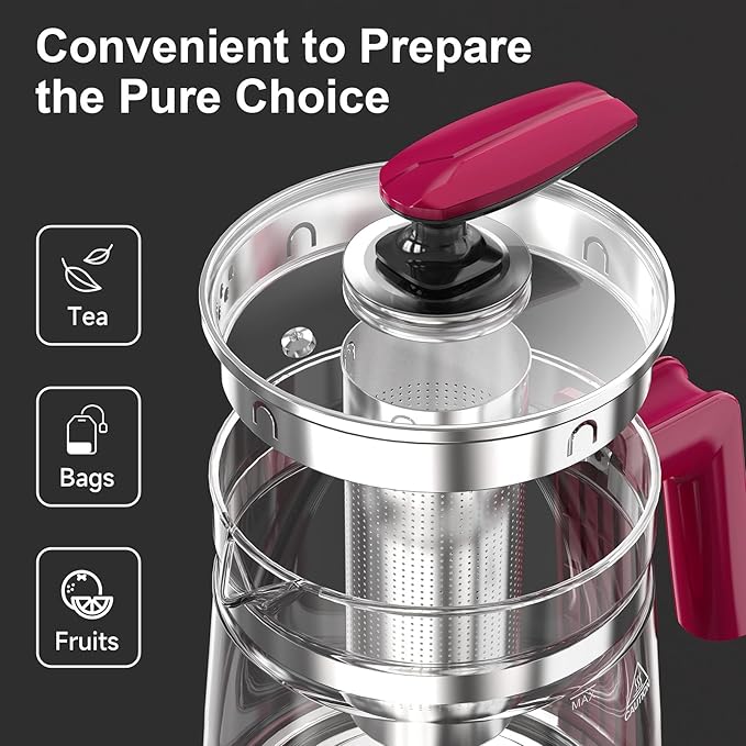 Electric Kettle, 1.5L Borosilicate Glass Hot Water Kettle Electric & Tea Kettle for Coffee or Tea, BPA Free, Auto Shut-Off, Stainless Steel, Red, 1200w - Bloomnest