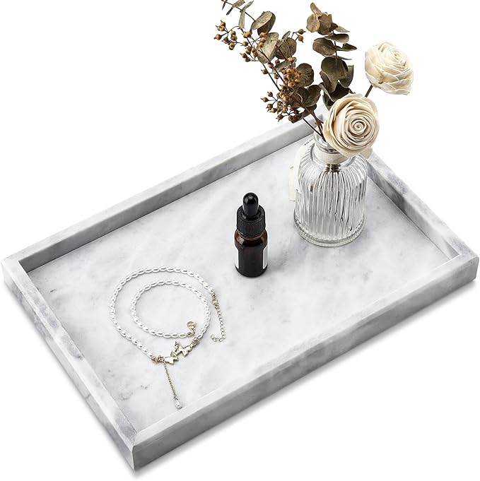 Real Natural Marble Tray for Bathroom, Vanity, Kitchen and Desktop, Rectangle Genuine Marble Stone Tray for Jewelry, Cosmetics, Candles, Lotion, Perfume and Home Decor - Bloomnest
