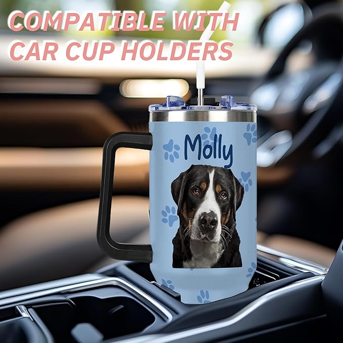 Personalized Tumbler with Dog Pet Photo Face & Name, Custom 40oz Funny Tumblers with Handle and Straw Lid, Gag Gifts For Birthday Christmas, Insulated Stainless Steel Travel Coffee Mug - Bloomnest
