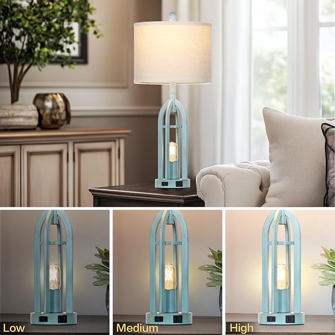 27" Industrial Farmhouse Table Lamp,Vintage Rustic Blue Beside Lamp with USB A+C Charging Ports & AC Outlet, Metal Nightstand Lamp with LED Night Light for Bedrooms (2 LED Bulbs Included) - Bloomnest