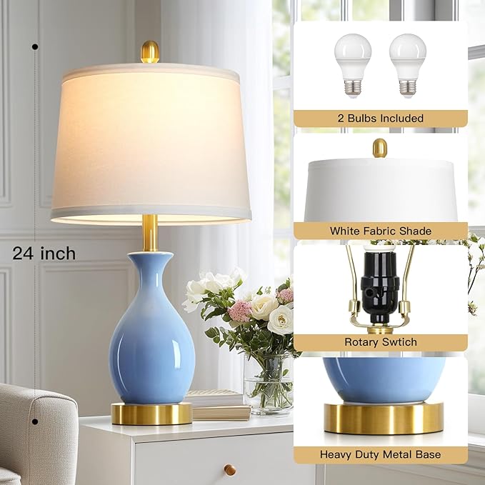24″ Light Blue Ceramic Table Lamps Set of 2, Modern Classic Bedside Lamps for Bedroom Nightstand, Small Table Lamp for Living Room Side Table (2 LED Bulbs Included) - Bloomnest