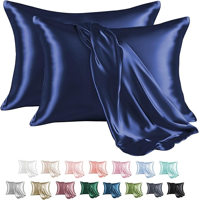MR&HM Satin Pillowcase for Hair and Skin, Silk Satin Pillowcase 2 Pack, King Size Pillow Cases Set of 2, Silky Pillow Cover with Envelope Closure (20x40, Navy Blue) - Bloomnest