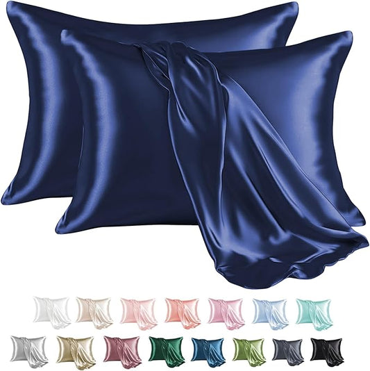 MR&HM Satin Pillowcase for Hair and Skin, Silk Satin Pillowcase 2 Pack, King Size Pillow Cases Set of 2, Silky Pillow Cover with Envelope Closure (20x40, Navy Blue) - Bloomnest