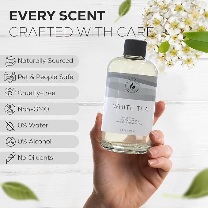 Aroma Country White Tea Diffuser Oil - Luxury Essential Oils for Diffuser Refill & Air Freshener Room Spray, Long-Lasting, Natural Home Fragrance and Hotel Scent for Diffusers & Machines (8.5 Fl Oz) AromaCountry