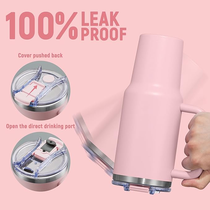 40 oz Tumbler with Handle and Straw Lid,Insulated Reusable Stainless Steel Water Bottle Travel Mug，Cupholder Friendly Double Wall Vacuum Sealed Cup (Pink) - Bloomnest