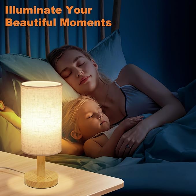 Small Touch Table Lamps Set of 2 with Stepless Dimming&USB Plug, Natural Round Wood Base & Linen Fabric Shade |Soft Ambient Night Light |Minimalist Boho Bedside Lamp for Bedroom,Nursery,Kitchen,Dorm - Bloomnest