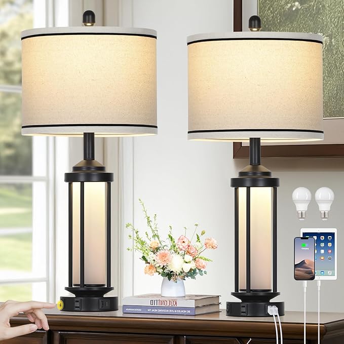 Table Lamps for Living Room Set of 2, Black Farmhouse Rustic Industrial Table Lamp with USB A+C Charging Ports & AC Outlet, 27" Modern Table Lamps with LED Night Light & Linen Fabric Lampshade - Bloomnest