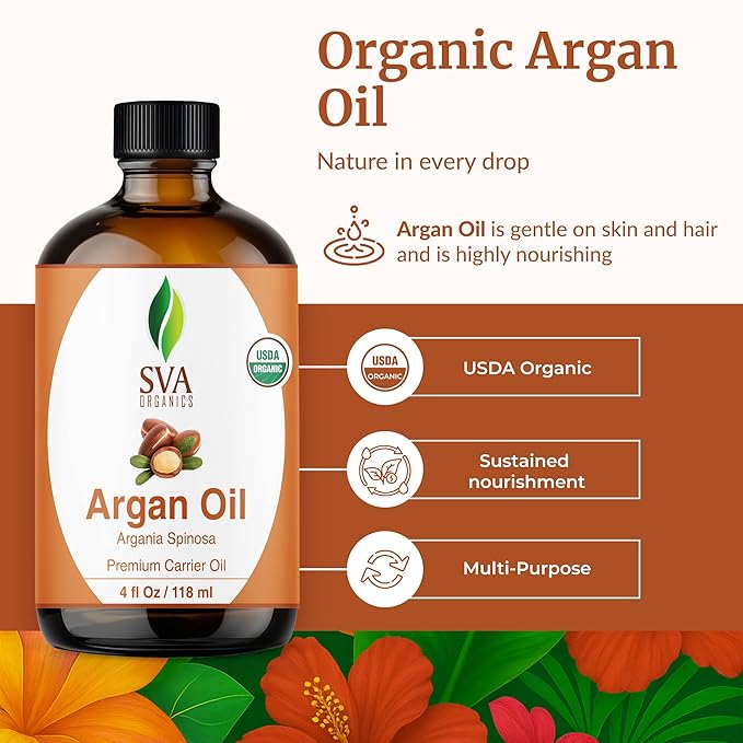 SVA Argan Oil Organic - 4 Fl Oz – 100% Natural Cold Pressed Organic Argan Oil - for Face, Skin Care, Hair Care, Scalp Massage & Body Massage – Carrier Oil with Dropper - Bloomnest