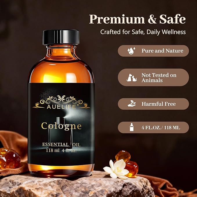 Auelife 4oz Cologne Essential Oils for Diffusers for Home - Men Fragrance Oil for Candle Making, Soap Making Supplies, Father's Day Gifts for Him, Masculine Scent for Men Gift, 118ml Glass Bottle Auelife