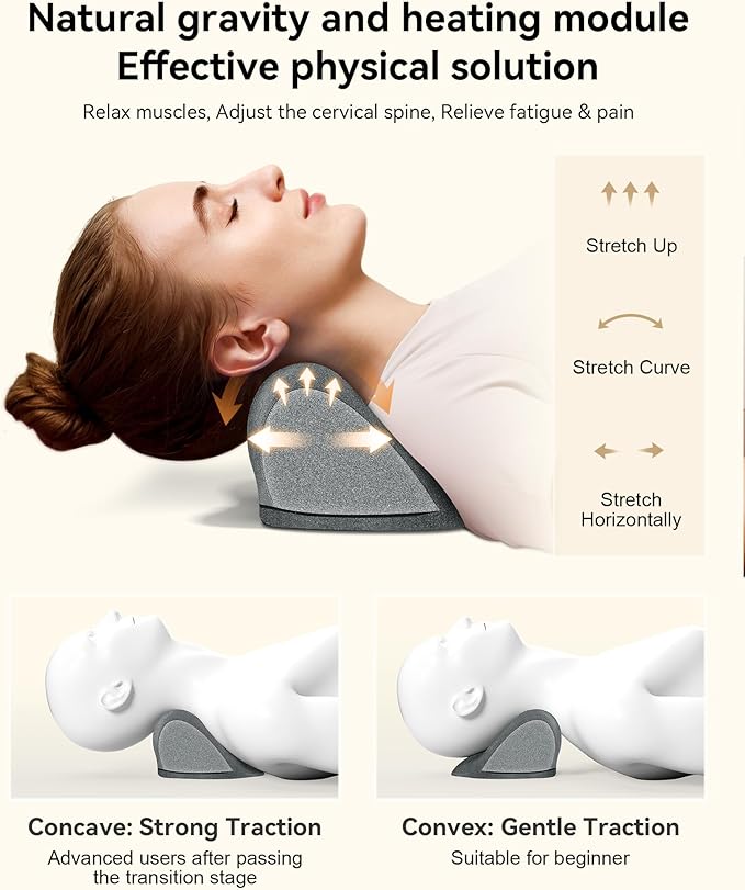 Heated Neck Stretcher for Pain Relief - Neck and Shoulder Relaxer Graphene Heated Cervical Traction Device Neck Pillow Corrector Chiropractic for TMJ Pain Relief and Cervical Spine Alignment Grey - Bloomnest