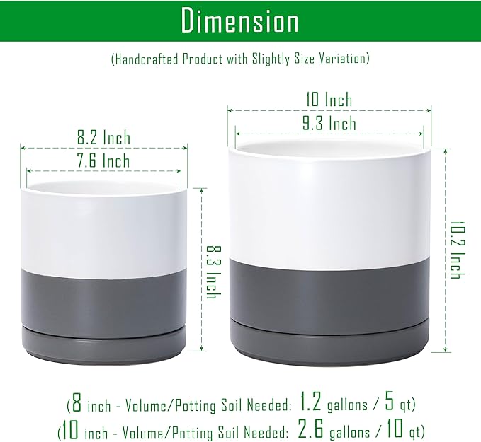 D'vine Dev 8.2 Inch & 10 Inch Ceramic Planter Pot for Plants with Drainage Hole and Saucer, Large Plant Pots Set, White/Speckled Grey, 94-G-L-6 - Bloomnest