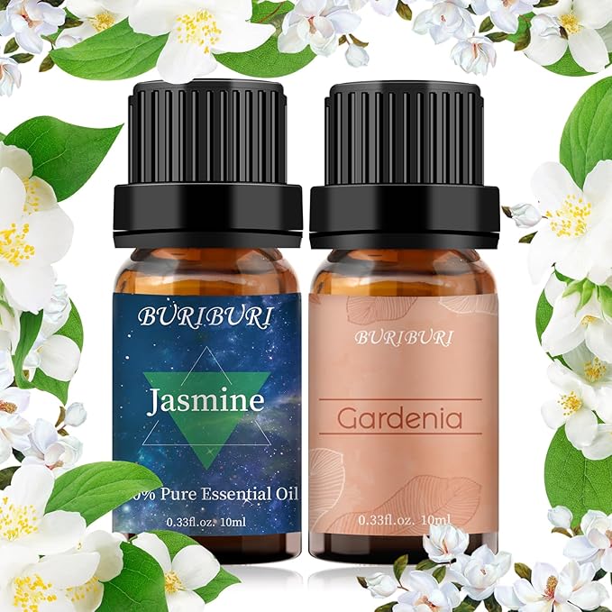 BURIBURI Jasmine Oil and Gardenia Essential Oils Gift Set, 100% Pure, Undiluted, Natural, Organic Aromatherapy Jasmine Essential Oils for Diffuser, Massage, 10MLx2 BURIBURI