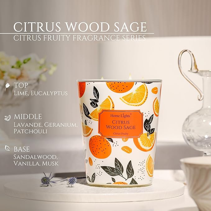 HomeLights Citrus Wood Sage Scented Candles | 34oz Soy Candles Eclectic Mixed Styles 3-Wick Large Candle Jars | Ideal Candle Gifts for Events, Home Decor Stress, Relief & Relaxation - Bloomnest