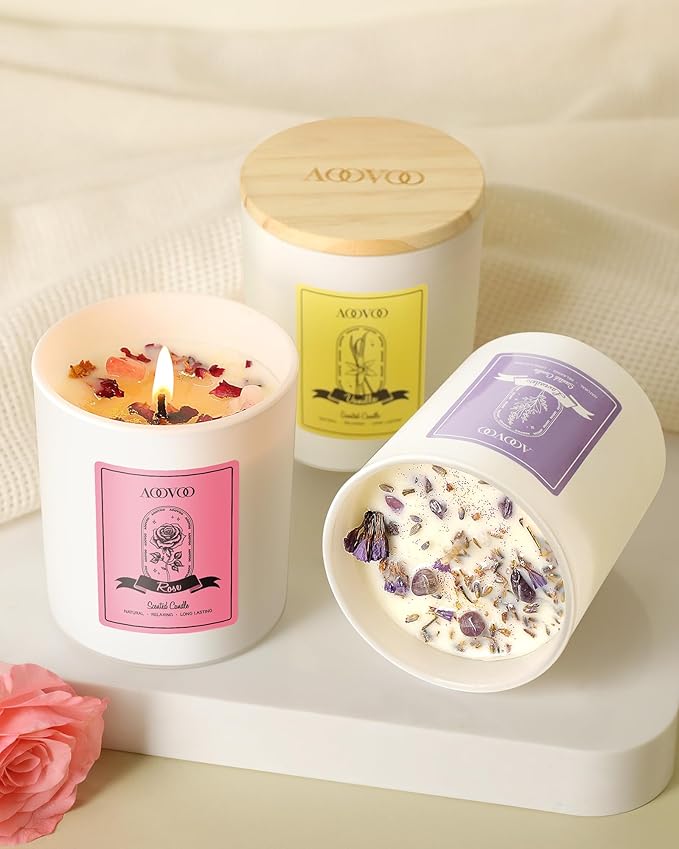 AOOVOO Rose/Vanilla/Eucalyptus/Lavender Scented Candles for Women - Aromatherapy Candle with Crystals Inside, 40oz Soy Candles for Home Scented, Birthday Gifts Christmas Candle for Women Mom - Bloomnest