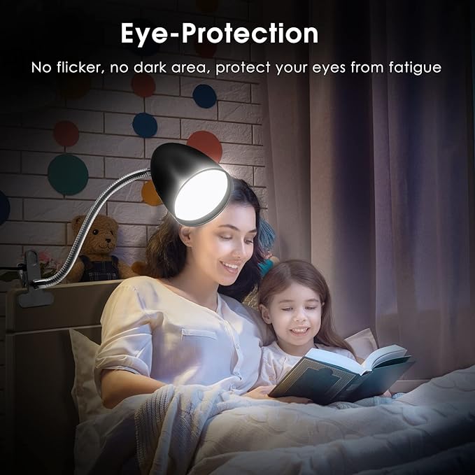 Clip on Light for Bed, Non-Dimmable Clip on Reading Light for Bed, 4000K Cool White, 3.5W 240 LM Desk lamp with clamp, Eye Protection, ETL Listed, Black - Bloomnest