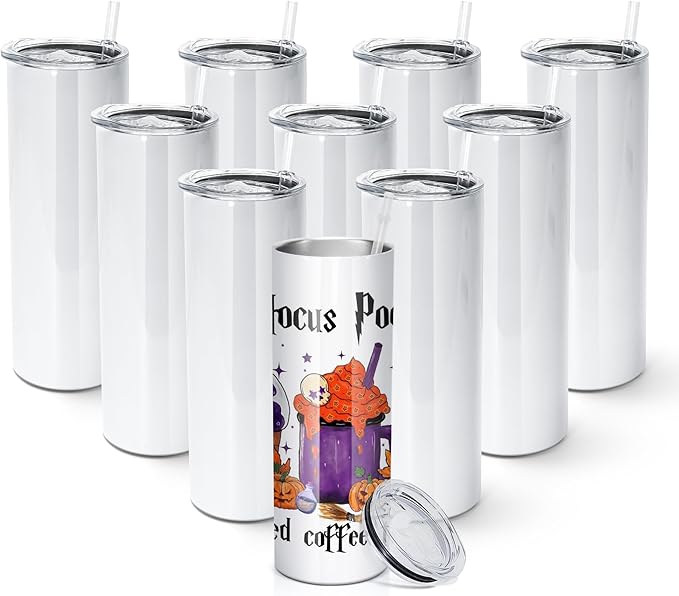 AGH 10 Pack Sublimation Tumblers Blank 20 OZ Straight Skinny Tumbler with Straw, Stainless Steel Double Layer Insulated Mug, Individually Box, Travel Tumblers - Bloomnest