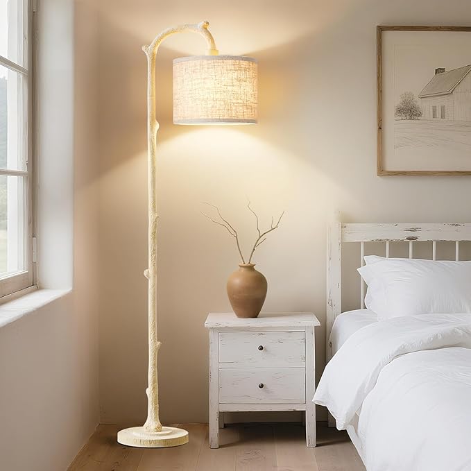 Floor Lamp for Living Room - 69" Rustic Farmhouse Tall Lamp with 3 Color Temperatures- Country Resin Vintage Reading Light Standing Lamps for Bedroom Office Classroom Home Decor, Almond White - Bloomnest