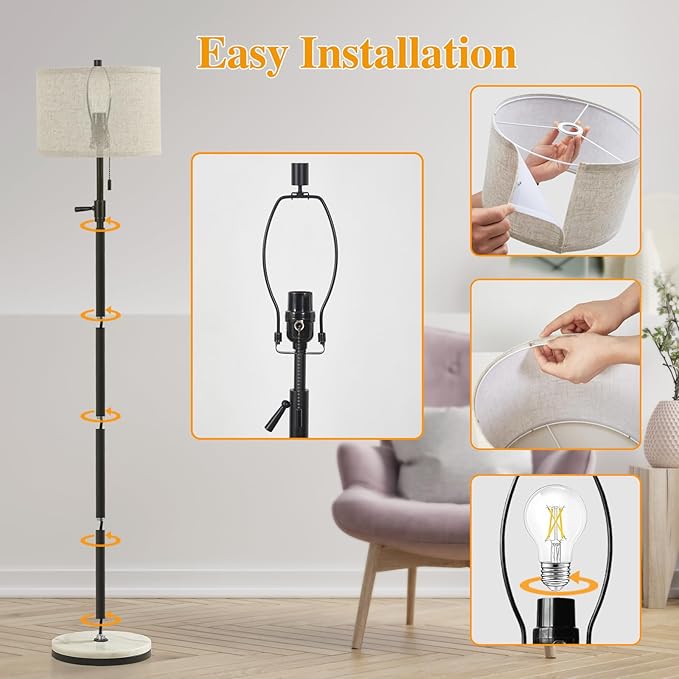 GyroVu Marble Floor Lamp, Adjustable Height Standing Lamp with Marble Base Tall Lamp with Pull Chain Switch Floor Lamps for Living Room, Bedroom & Office Bulbs Not Included(Black) - Bloomnest