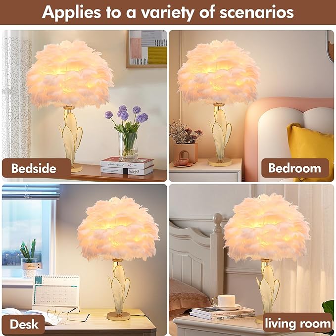 Pink Feather Lamp Goose Furry Table Lamp Princess Modern Fluffy Desk Lamp Simple Wedding Decor Romantic Bedside Night Light for Girl Bedroom Living Room Hotel - Bloomnest