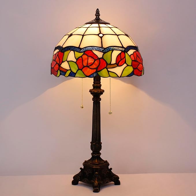 Tiffany Lamp Rose Flower Style Stained Glass Table Lamp Desk Reading Light 12X12X21 Inches with Resin Base Decor Bedroom Living Room - Bloomnest