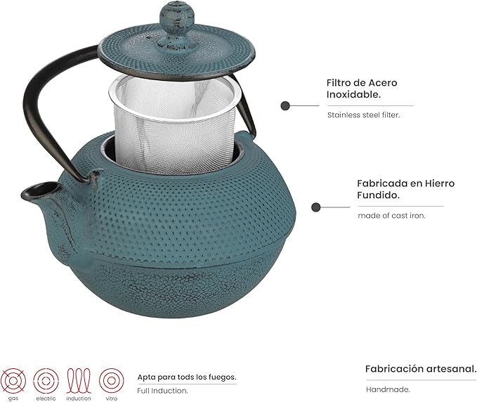 IBILI 40 Oz Azul Cast Iron Teapot | Made in Spain | Floral Design, Stainless Steel Infuser, Enameled Interior, Stovetop & Induction Compatible, Japanese Kettle for Loose Leaf Tea, Tetsubin Design Blue - Bloomnest
