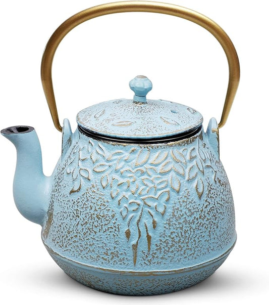 TOPTIER Japanese Cast Iron Tea Kettle with Stainless Steel Infuser, Cast Iron Teapot Stovetop Safe, Leaf Design Teapot Coated with Enameled Interior, 32 Ounce (950 ml), Turquoise Blue - Bloomnest