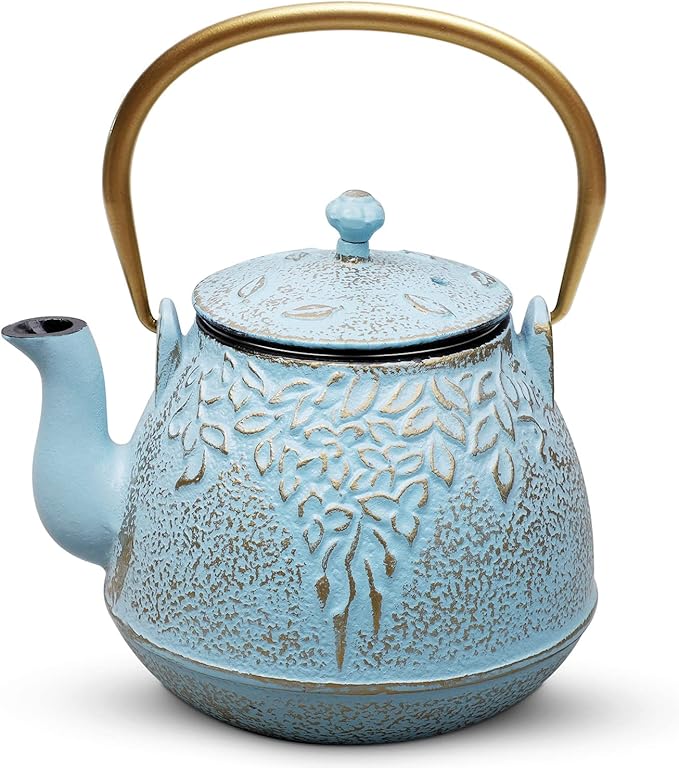 Tea Kettle, TOPTIER Japanese Cast Iron Tea Kettle with Infuser for Loose Leaf and Tea Bags, Stovetop Safe Cast Iron Teapot Coated with Enameled Interior for 40 oz (1200 ml), Turquoise Blue - Bloomnest