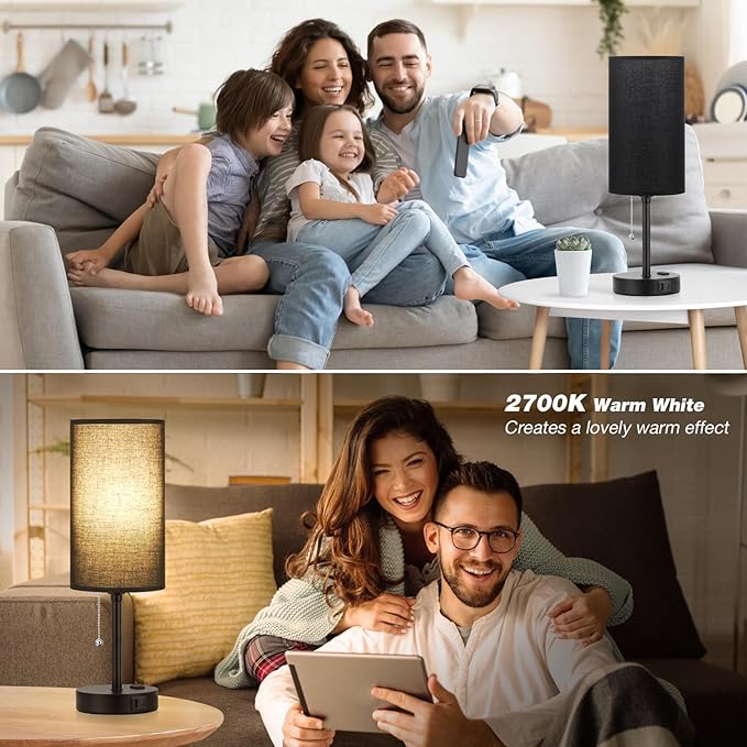 Dicoool 17Inch Tall Bedroom Lamps with USB C and A Ports 3 Color Temperatures - Pull Chain Black Nightstand Bedside Table Lamp with AC Outlet, Side Lamp for Living Room End Table - Bloomnest