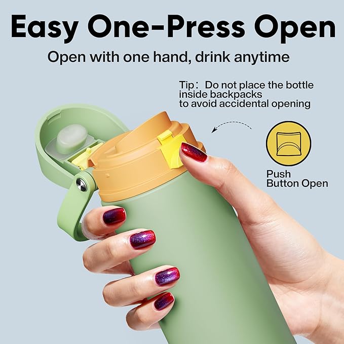 Insulated Water Bottle with Straw - Encool Stainless Steel Water Bottle with Push Button Lid, Leak-Proof & BPA-Free, Keeps Cold for 24 Hours for Sports, Travel, Gym (18 oz, Lichen-Yellow) ENCOOL