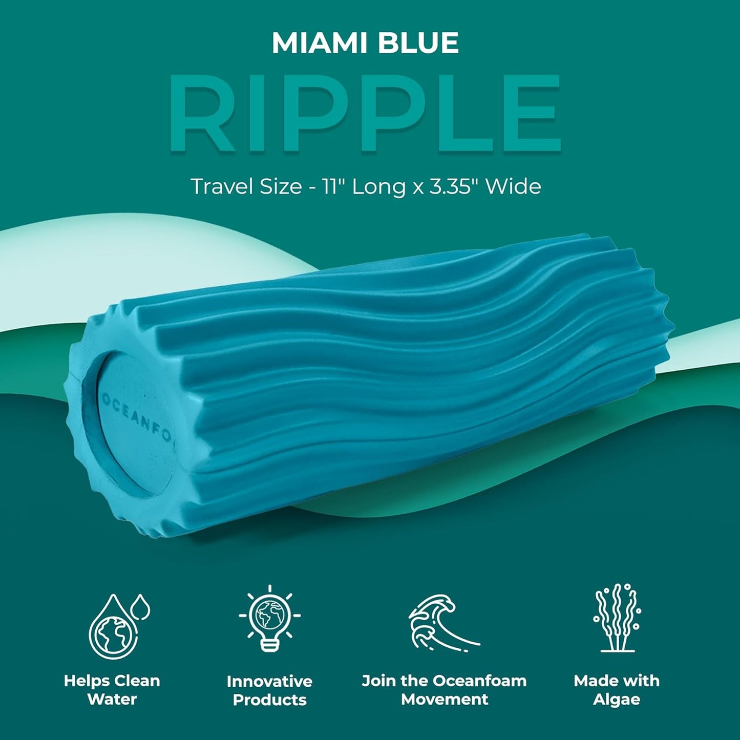 Oceanfoam Ripple Travel Foam Roller (11" x 3.35") Firm Mini Foam Roller for Physical Therapy, Deep Tissue Massage, Back Pain, High Density, Ergonomic Wave Textured, Yoga, Pilate, Exercise (Miami Blue)