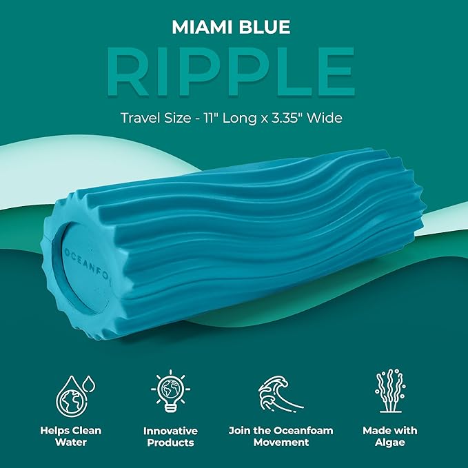 Oceanfoam Ripple Travel Foam Roller (11" x 3.35") Firm Mini Foam Roller for Physical Therapy, Deep Tissue Massage, Back Pain, High Density, Ergonomic Wave Textured, Yoga, Pilate, Exercise (Miami Blue) - Bloomnest