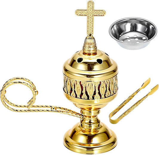 JUXYES Vintage Incense Burner Holder with Ash Catchers and Cross Lid, Metal Censer Antique Charcoal Incense Resin Burner with Tongs, Zinc Alloy Spiritual Aromatherapy Yoga Meditation Retro Home Decor - Bloomnest