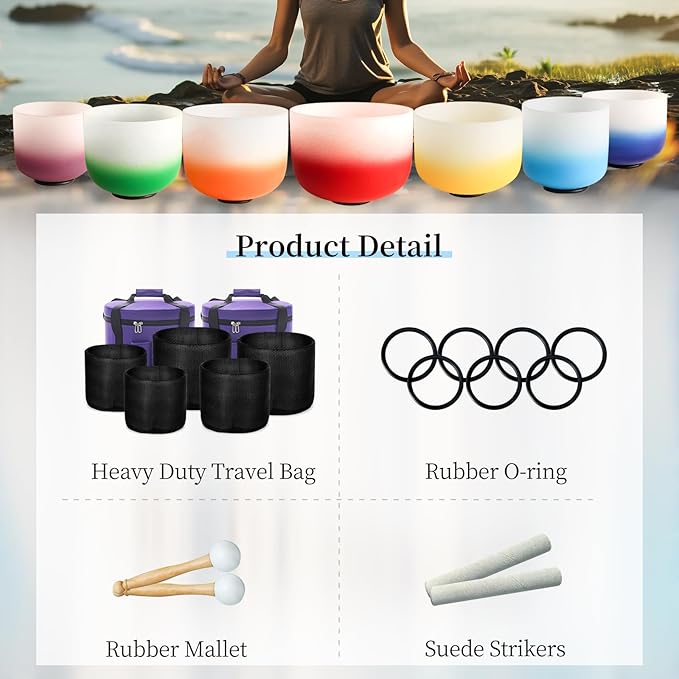 Hye-eun Crystal Singing Bowl Set 432hz,7-12 Inch Gradient Colored Quartz Singing Meditation Sound Bowls Set of 7pcs with Carrying Case for Yoga Sound Healing - Bloomnest