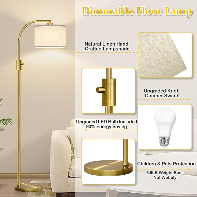 Brass Arc Floor Lamp - Dimmable LED with White Shade for Living Room, Bedroom, Office & More - Bloomnest