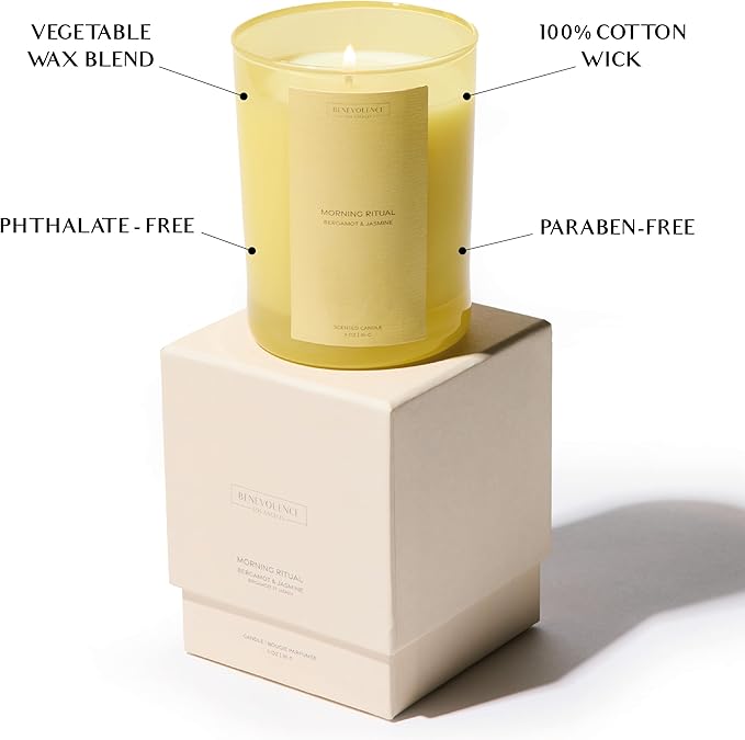 Bergamot & Jasmine Scented Candle | 11oz, 60 Hour Burn | Natural Soy Wax, Cotton Wick | Holiday Candles | Christmas Scented Candles for Home | Benevolence LA Sun-Kissed Collection - Morning Ritual - Bloomnest