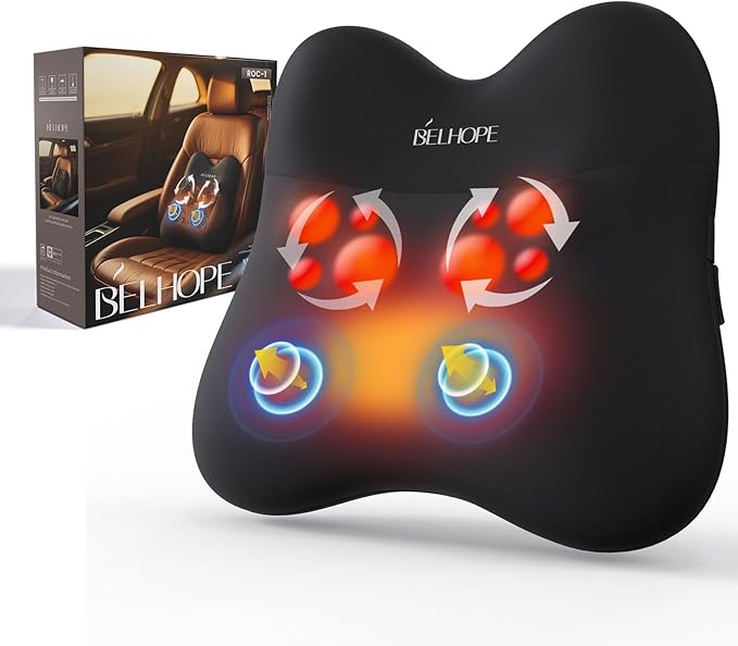 belhope Shiatsu Back Massager with Heat,Percussion Massage Cordless Back Massage for Pain Relief Deep Tissue.4D Kneading Massage,Gift for Men Women Parents Relaxation at Christmas Office Car,Black