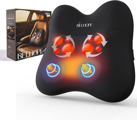 belhope Shiatsu Back Massager with Heat,Percussion Massage Cordless Back Massage for Pain Relief Deep Tissue.4D Kneading Massage,Gift for Men Women Parents Relaxation at Christmas Office Car,Black