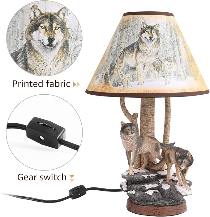 Forest Wolf Table lamp, Wildlife Side Table Lamp, Tradition Decor with lampshade (Includes Bulb), Nightlight for Cottage, Wooden Base for Bedside Table lamp, Rustic Farmhouse - Bloomnest