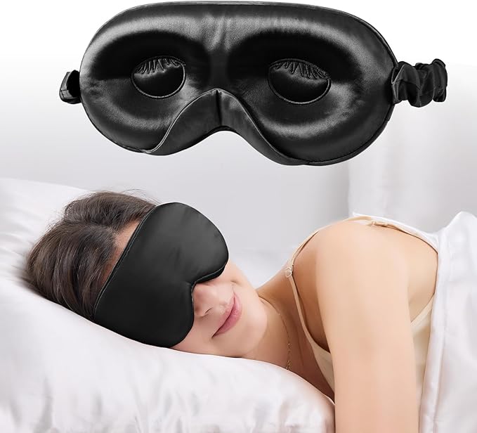 100% 22 Momme Mulberry Silk Sleep Mask with Adjustable Strap, 3D Contoured Cup Silk Eye Mask for Sleeping, Total Black Out, Black - Bloomnest