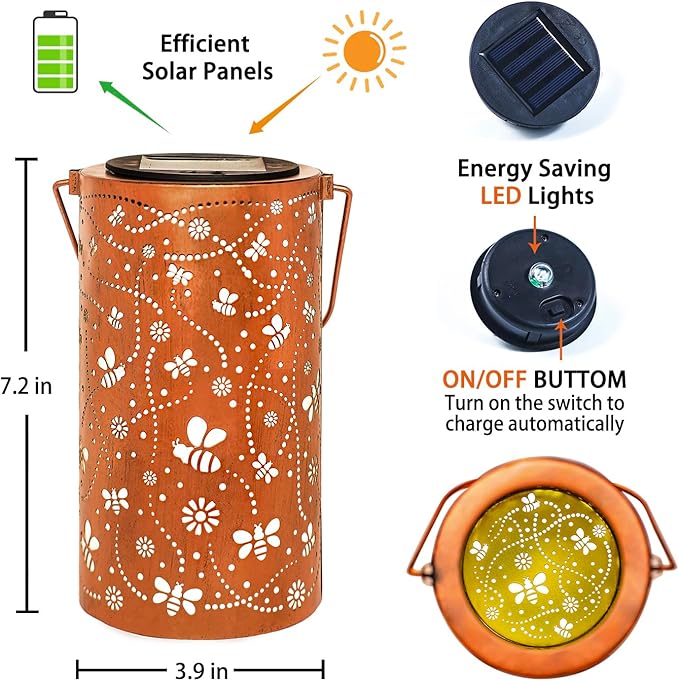 2 Pack Bee Solar Lanterns Outdoor Waterproof Hanging Solar Lights Bee Gifts for Women Men Metal Decorative LED Bee Lanterns for Garden Decor,Yard,Patio,Lawn,Tabletop,Pathway,Landscape - Bloomnest